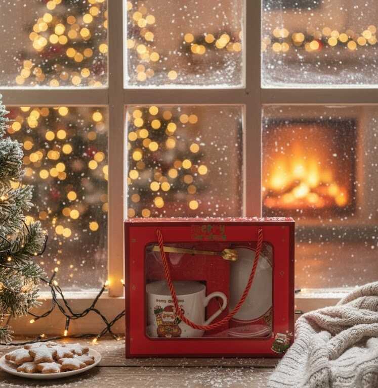 Karácsonyi Bögre Szett Zsinórfüles Dobozban, Alátéttel és Arany Kanállal