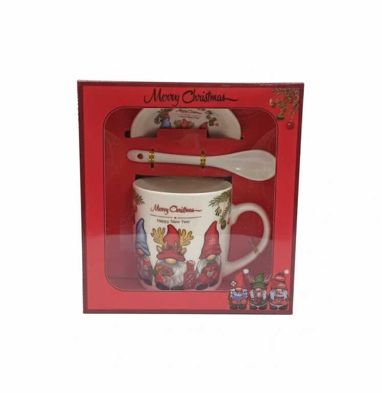 Karácsonyi Bögre Szett Manós Mintával, Kanállal és Fedővel