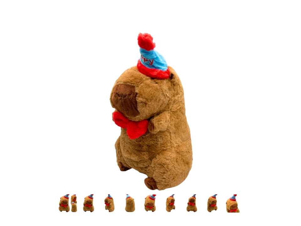 Kalapos Capybara plüss , piros csokornyakendővel , 40 cm