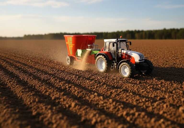 Mezőgazdasági játék traktor takarmánykeverő utánfutóval , 60 cm