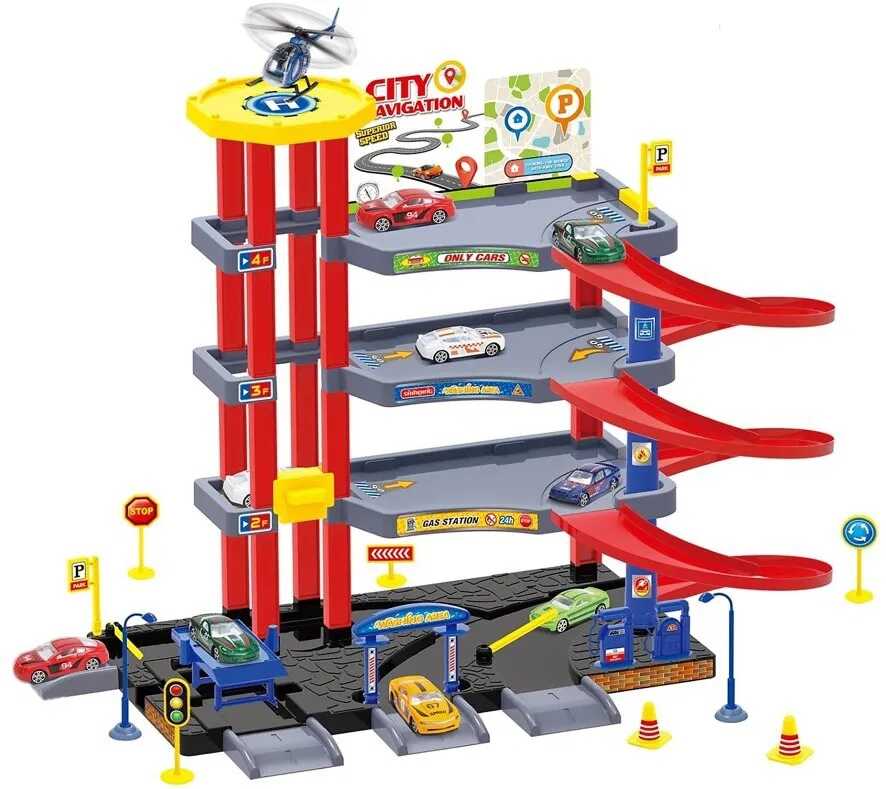 Négy szintes parkolóház helikopter leszálóval , 3 db kisautóval és egy helikopterrel