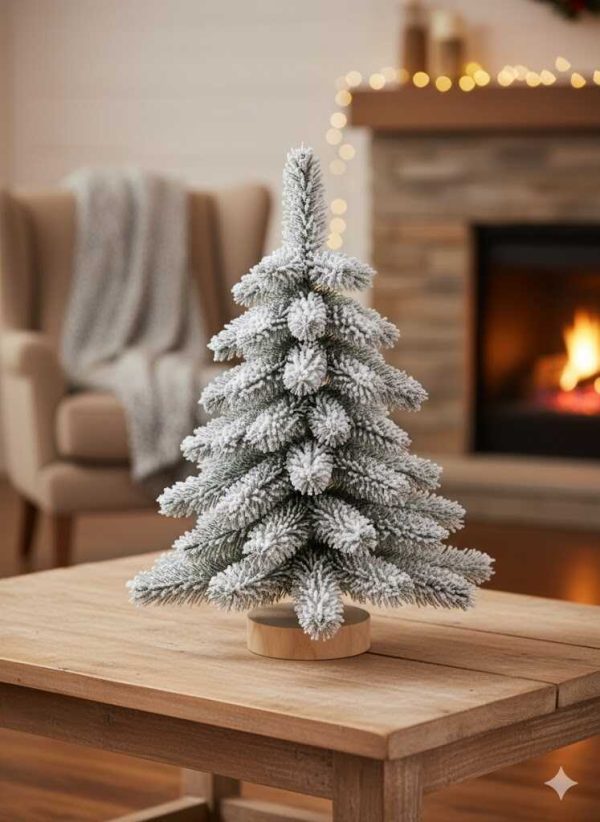 Zúzmarás Mini Karácsonyfa, műfenyő asztali díszfenyő 15 cm, Havas, zöld Fa Talppal