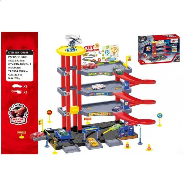 Négy szintes parkolóház helikopter leszálóval , 3 db kisautóval és egy helikopterrel