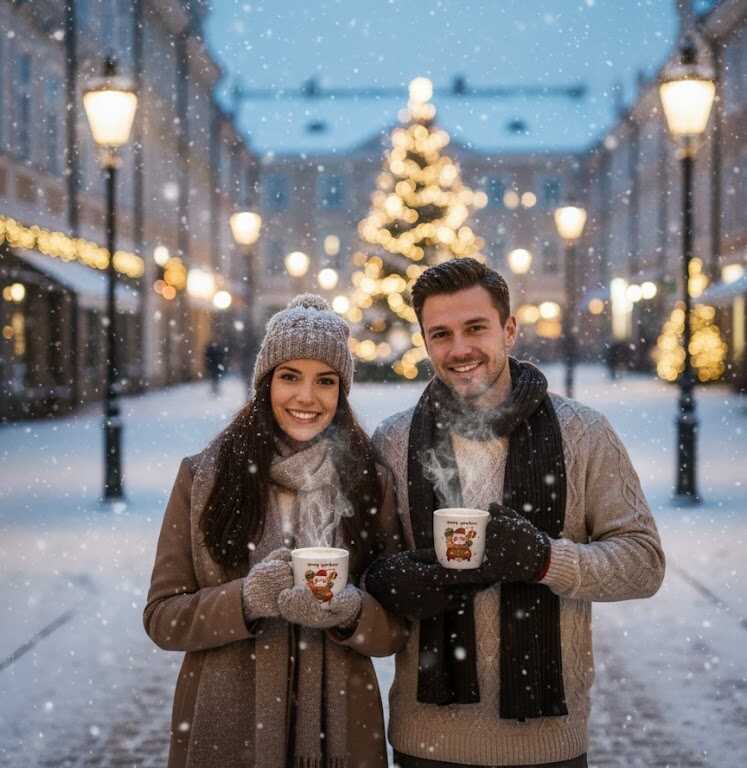 Karácsonyi Bögre Szett Zsinórfüles Dobozban, Alátéttel és Arany Kanállal