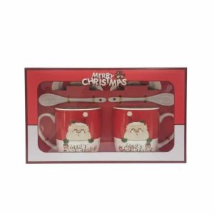 Karácsonyi Páros Bögre Szett Kerámia Kanállal, Télapós Mintával