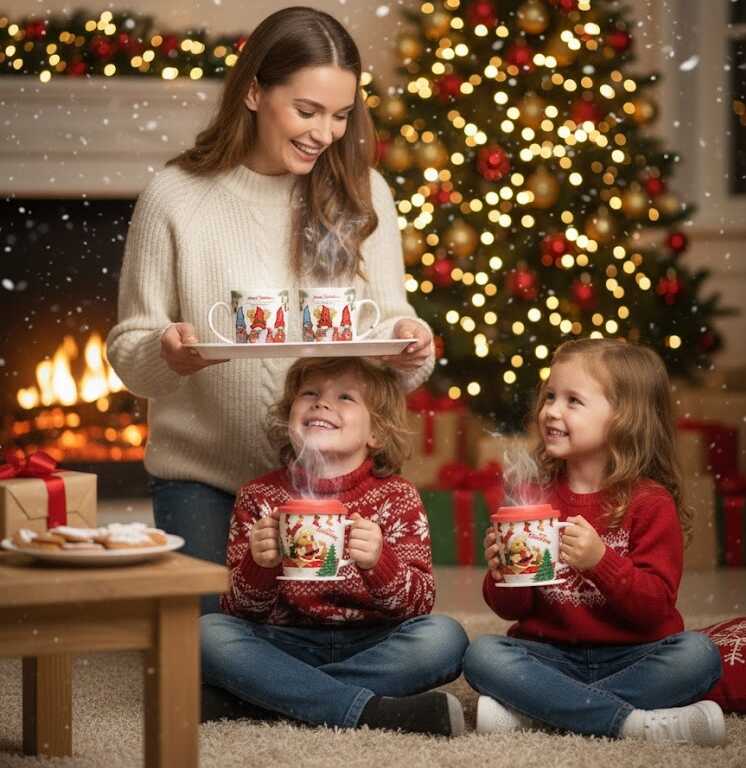 Karácsonyi Bögre Szett Manós Mintával, Kanállal és Fedővel