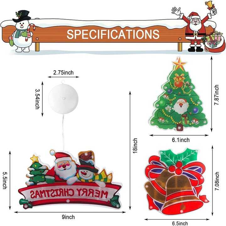 Aigostar Ledes Ablak- és Karácsonyfa Dekoráció, "Merry Christmas" felirattal, elemes mikulás mintával melegfehér 30 cm