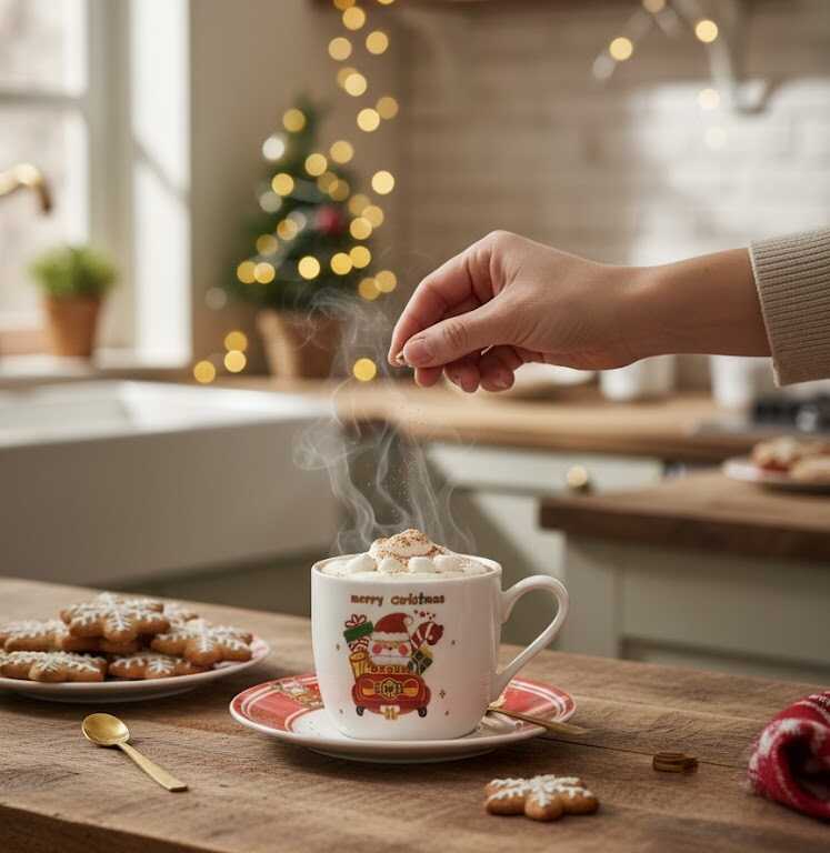 Karácsonyi Bögre Szett Zsinórfüles Dobozban, Alátéttel és Arany Kanállal