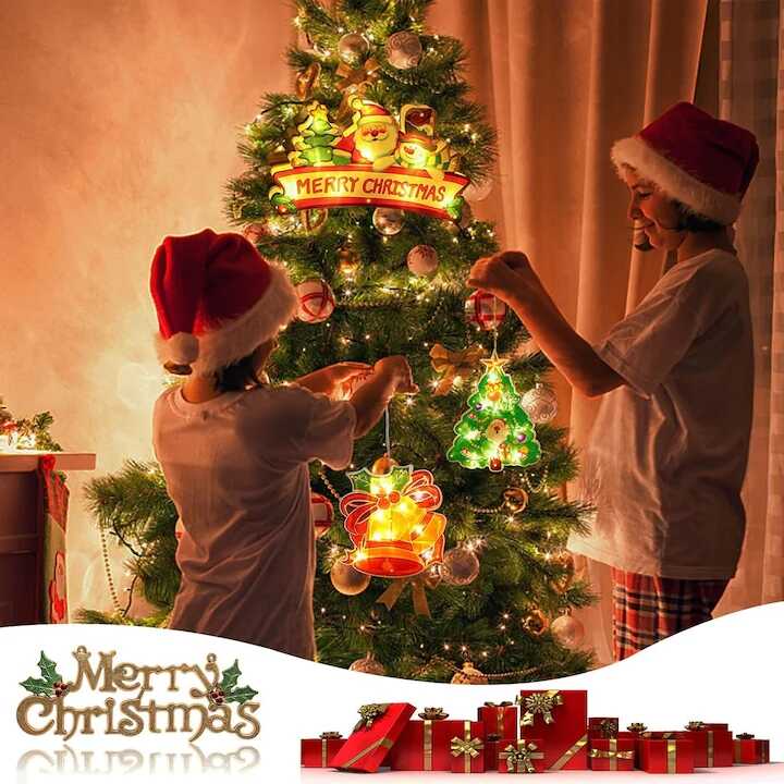 Aigostar Ledes Ablak- és Karácsonyfa Dekoráció, "Merry Christmas" felirattal, elemes mikulás mintával melegfehér 30 cm