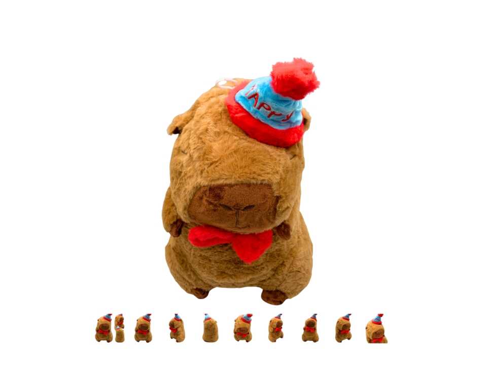Kalapos Capybara plüss , piros csokornyakendővel , 40 cm
