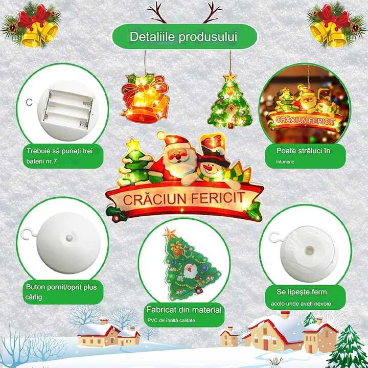 Aigostar Ledes Ablak- és Karácsonyfa Dekoráció, "Merry Christmas" felirattal, elemes mikulás mintával melegfehér 30 cm