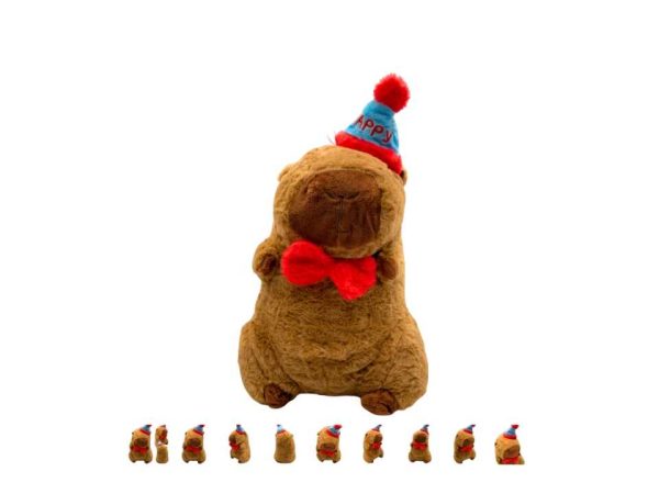 Kalapos Capybara plüss , piros csokornyakendővel , 40 cm