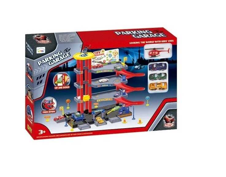 Négy szintes parkolóház helikopter leszálóval , 3 db kisautóval és egy helikopterrel