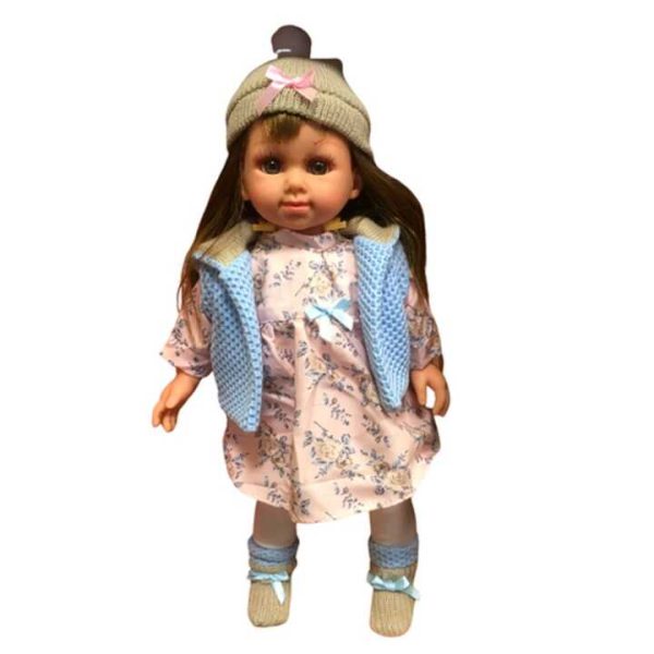 Magyarul beszélő és éneklő baba, kék mellényben , 35 cm
