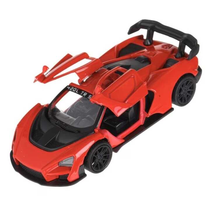 Piros metálfényű sport játékautó, nyitható ajtókkal