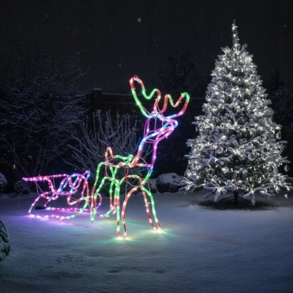 Karácsonyi 3D LED-es Rénszarvas szánnal, 120 cm, kül- és beltéri karácsonyi dekoráció RGB színes 220 v