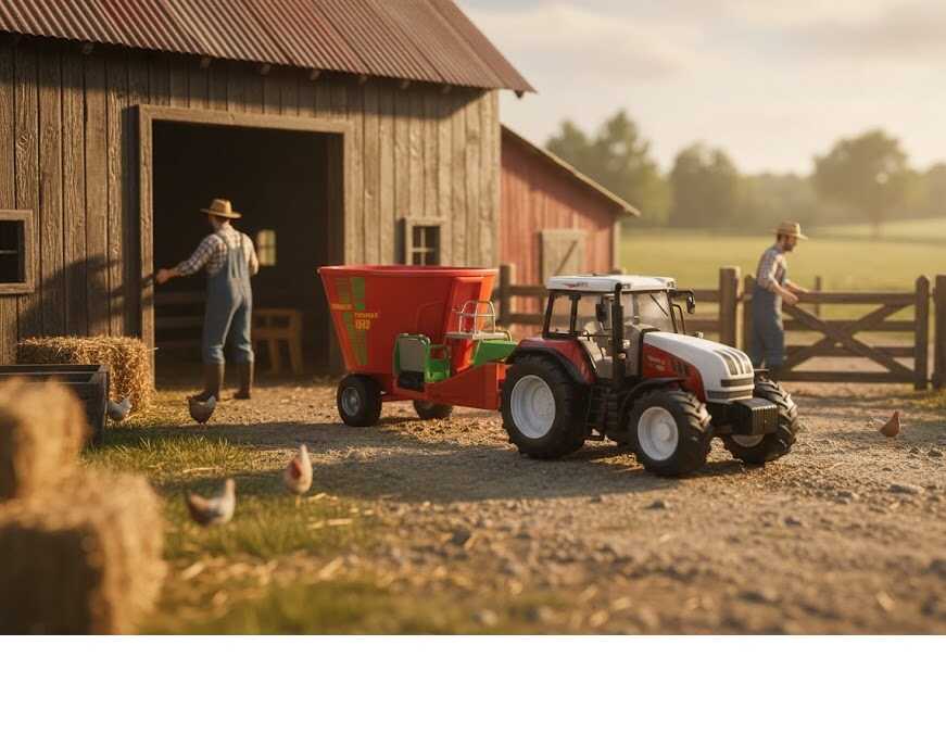 Mezőgazdasági játék traktor takarmánykeverő utánfutóval , 60 cm