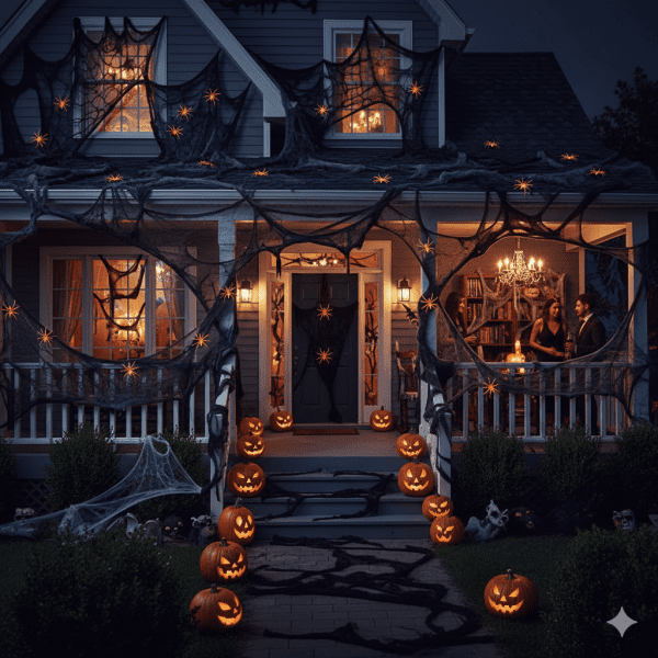 Halloweeni dekorációs pókháló 8 db pókkal