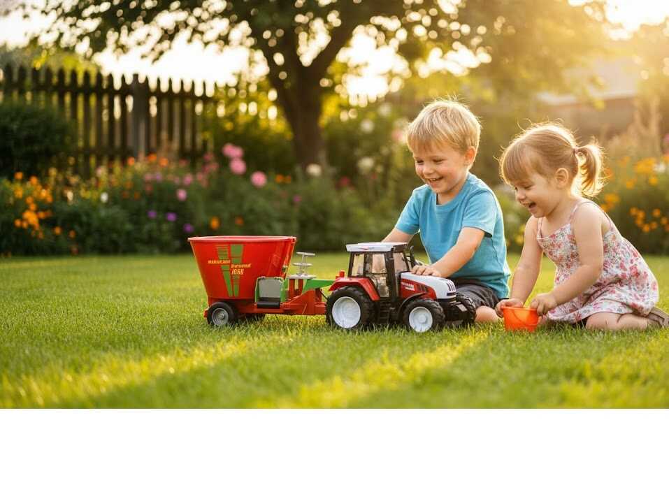 Mezőgazdasági játék traktor takarmánykeverő utánfutóval , 60 cm