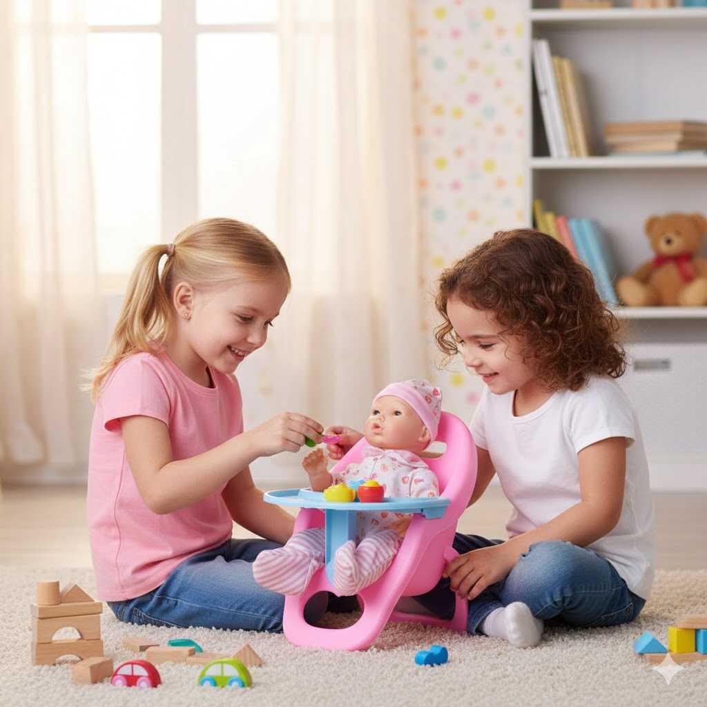 Éneklő és pislogó játék baba etetőszékkel