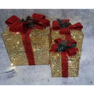 Karácsonyi világító ajándékdoboz dísz szett , 3 db-os , 15 cm ,20 cm , 35 cm