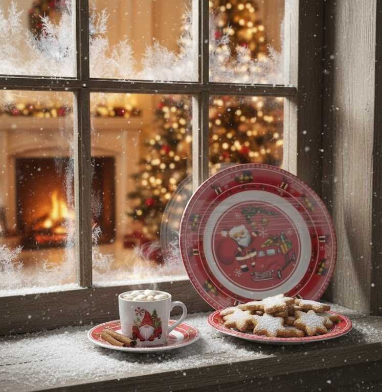 Karácsonyi Lapostányér Szett 8.5", Piros Autós Télapós Mintával , 6 db os