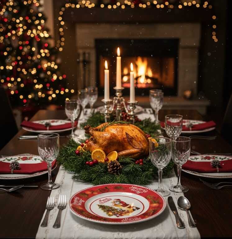 Karácsonyi Lapostányér Szett 6 db-os, Télapós és Mikulásvirágos