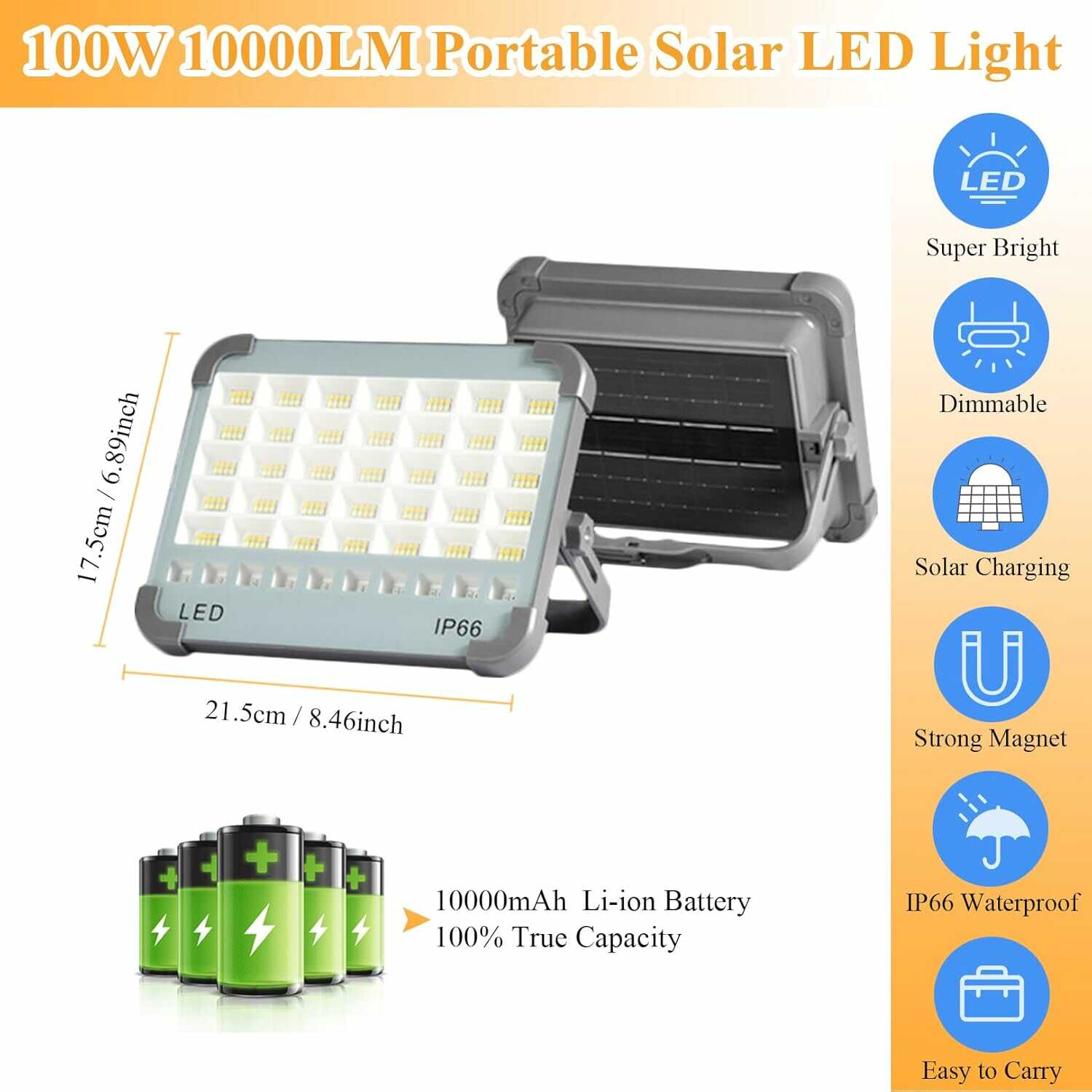 Hordozható unierzális Reflektor Munkalámpa - 100W, 10000 mAh-s Napelemes, USB Tölthető, mágneses IP66 Vízálló Reflektor