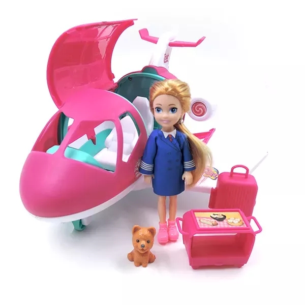 Shemy Plane Rózsaszín Utasszállító Repülő Játékszett, Stewardess Babával, 5 részes