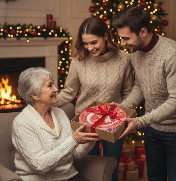 Karácsonyi Lapostányér Szett 8.5", Piros Autós Télapós Mintával , 6 db os