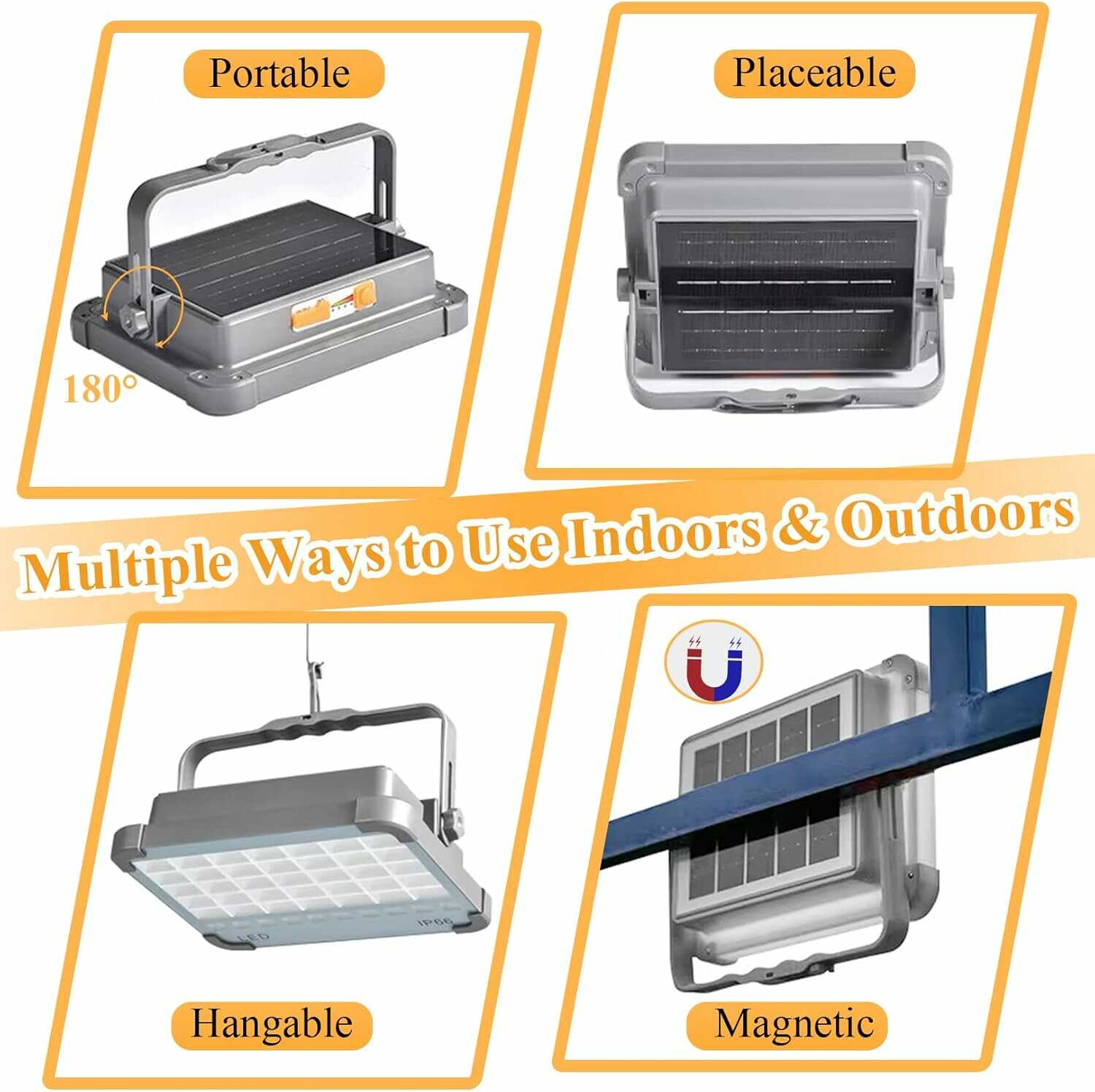 Hordozható unierzális Reflektor Munkalámpa - 100W, 10000 mAh-s Napelemes, USB Tölthető, mágneses IP66 Vízálló Reflektor