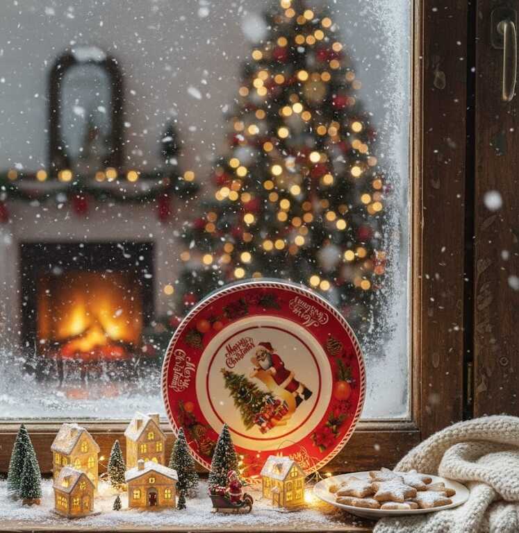 Karácsonyi Lapostányér Szett 6 db-os, Télapós és Mikulásvirágos