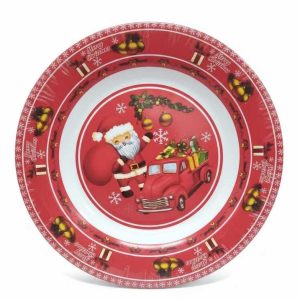 Karácsonyi Lapostányér Szett 8.5", Piros Autós Télapós Mintával , 6 db os