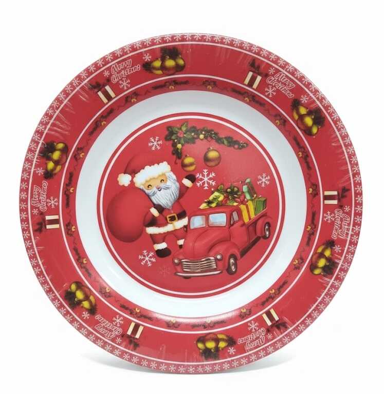 Karácsonyi Lapostányér Szett 8.5", Piros Autós Télapós Mintával , 6 db os