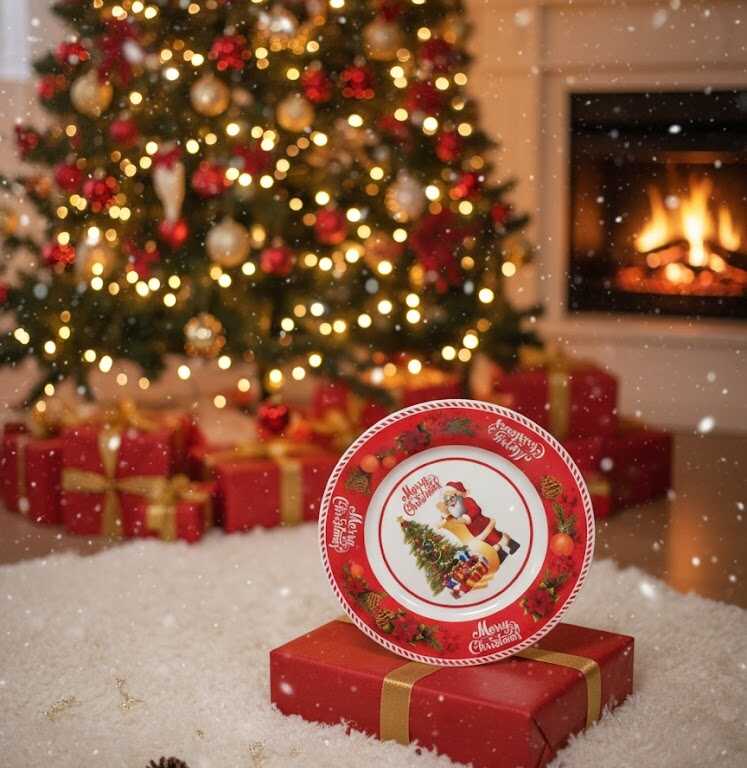 Karácsonyi Lapostányér Szett 6 db-os, Télapós és Mikulásvirágos