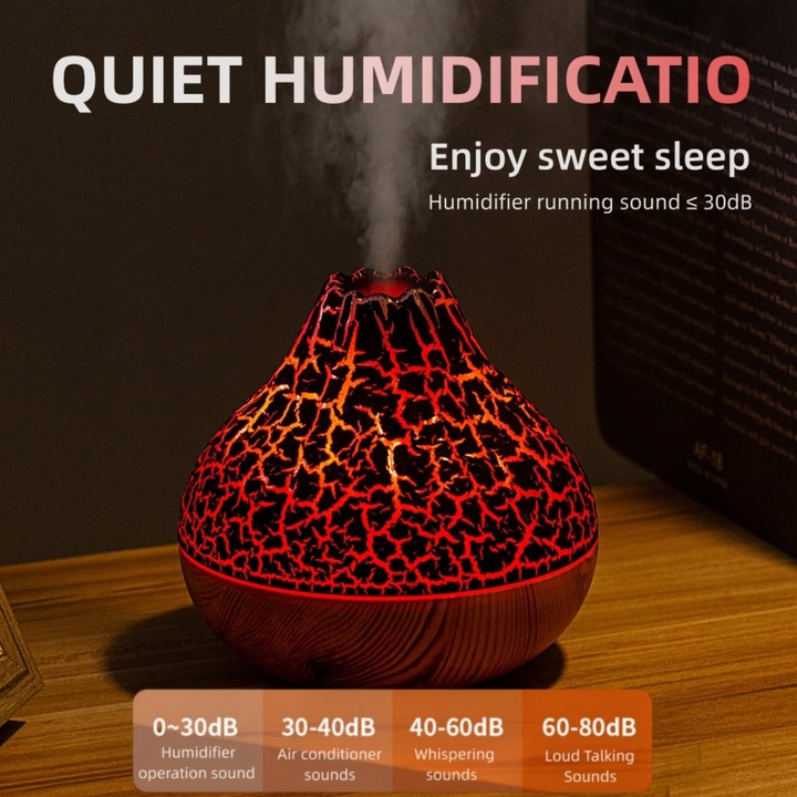 Hordozható Párásító, Fekete, Vulkán Alakú, 7 Színű LED Fény, Kompakt