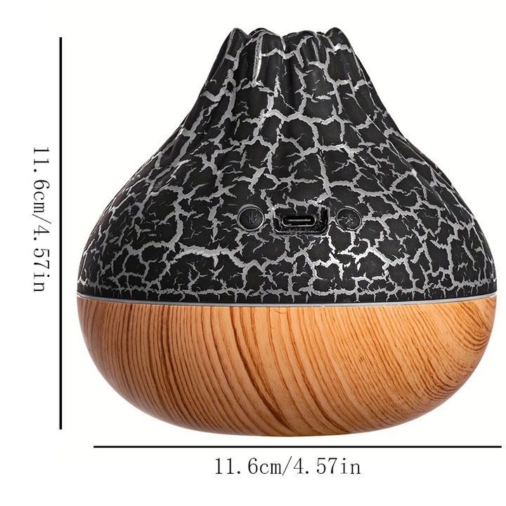 Hordozható Párásító, Fekete, Vulkán Alakú, 7 Színű LED Fény, Kompakt