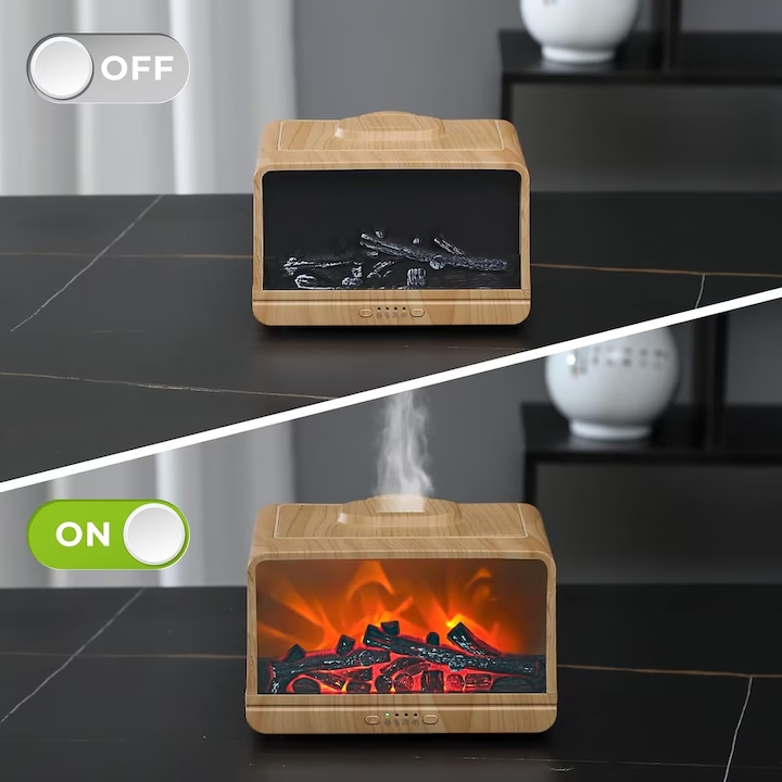 Sumker Aroma Diffúzor, 300ml, Kandalló Hatású Párásítás, Világos Fa Dekor