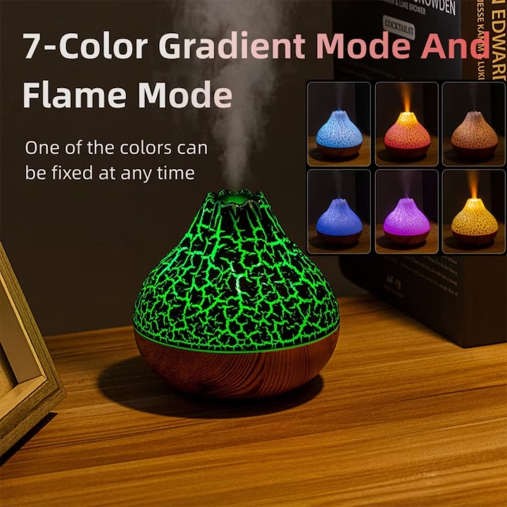 Hordozható Párásító, Fekete, Vulkán Alakú, 7 Színű LED Fény, Kompakt