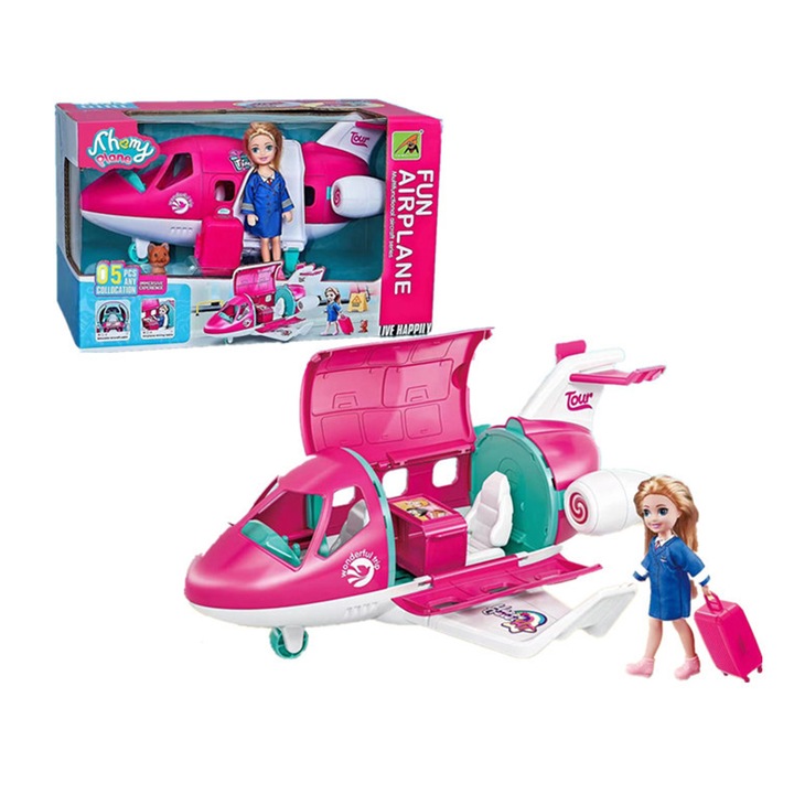 Shemy Plane Rózsaszín Utasszállító Repülő Játékszett, Stewardess Babával, 5 részes