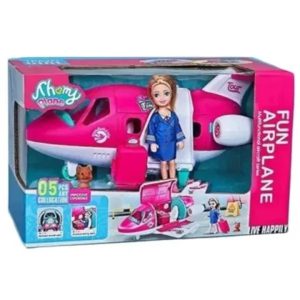 Shemy Plane Rózsaszín Utasszállító Repülő Játékszett, Stewardess Babával, 5 részes