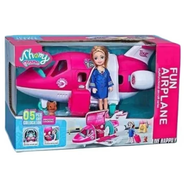 Shemy Plane Rózsaszín Utasszállító Repülő Játékszett, Stewardess Babával, 5 részes