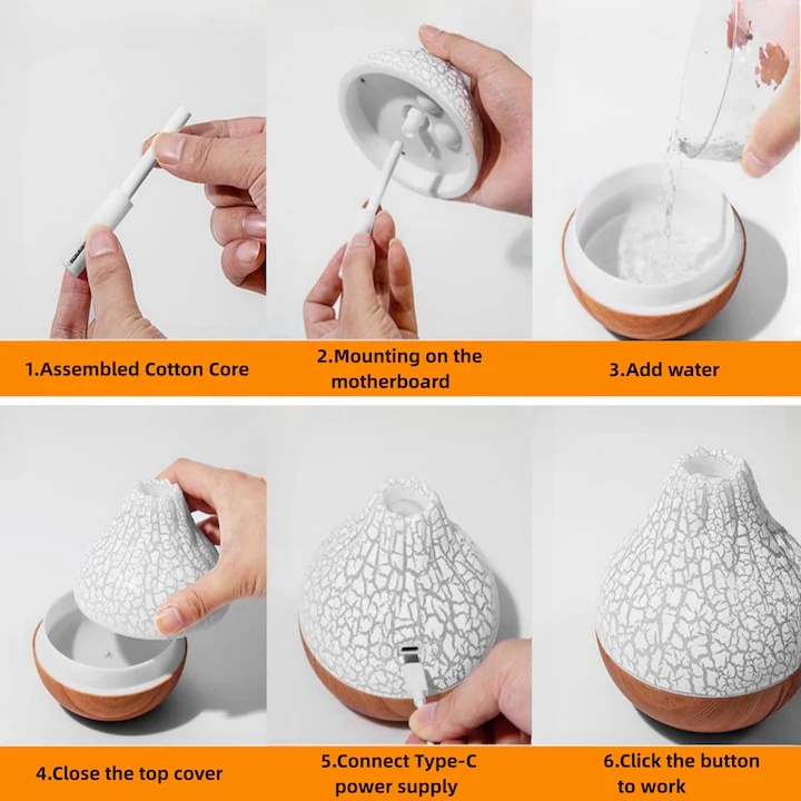 Hordozható Párásító, Fekete, Vulkán Alakú, 7 Színű LED Fény, Kompakt