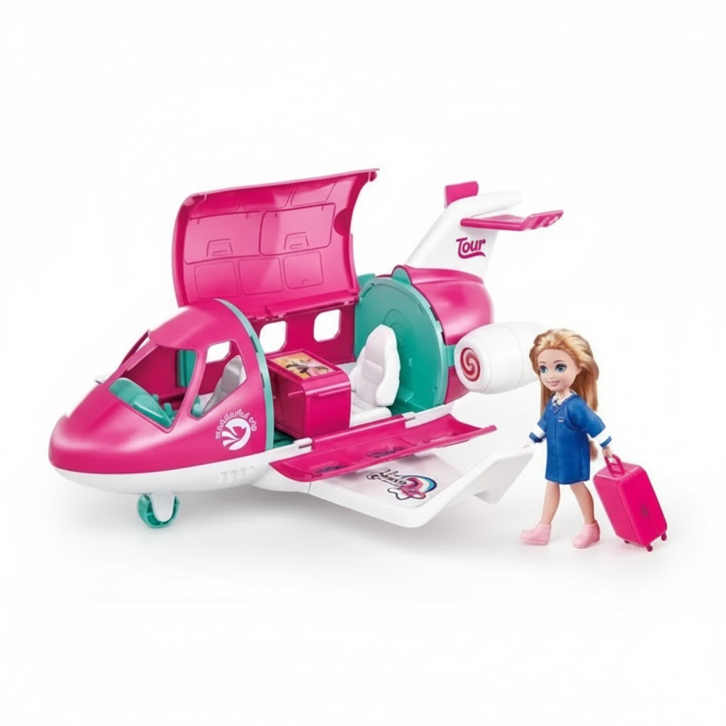 Shemy Plane Rózsaszín Utasszállító Repülő Játékszett, Stewardess Babával, 5 részes