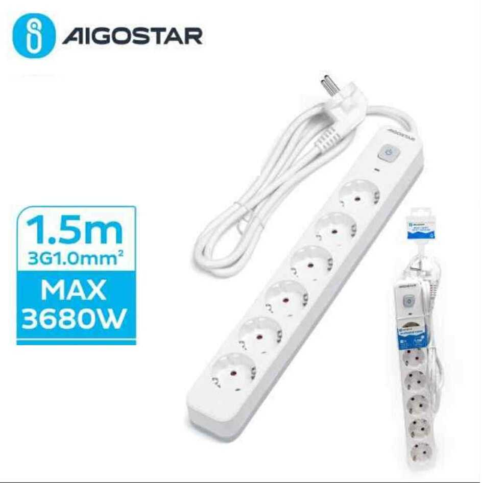 6-os Elosztó Hálózati Hosszabbító elosztó 6 aljzattal, kapcsolóval 1.5m 3G1.0mm2 fehér Aigostar - Image 2