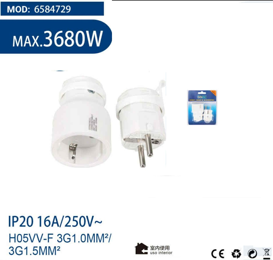 Aljzat és Dugó Készlet Újra Huzalozható 16A 3680W Fehér ExtraStar - Image 3