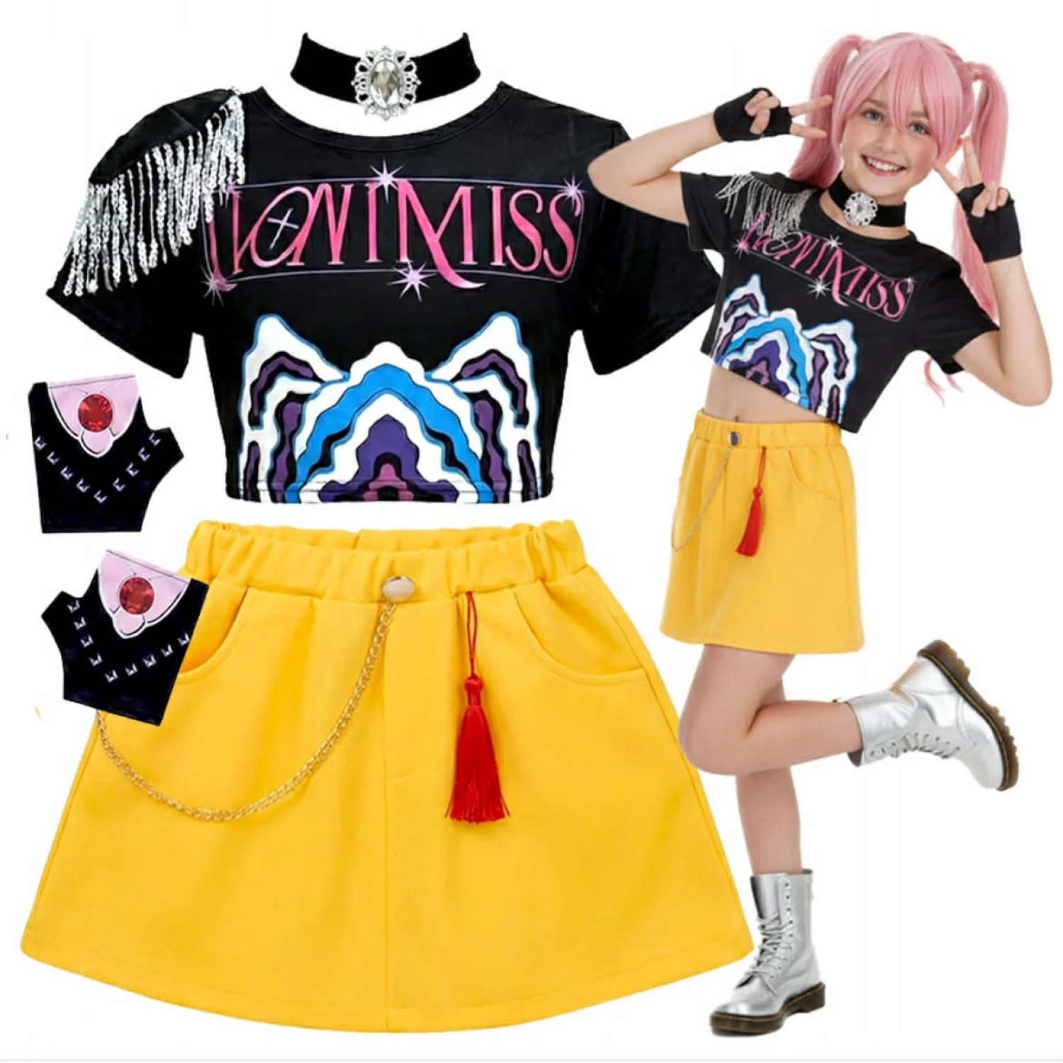 K-pop Demon Hunter Mira gyerek jelmez szett extra hosszú rózsaszín parókával