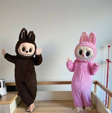 Labubu ihlette plüss jelmez maszkos kapucnival Barna – gyerek)