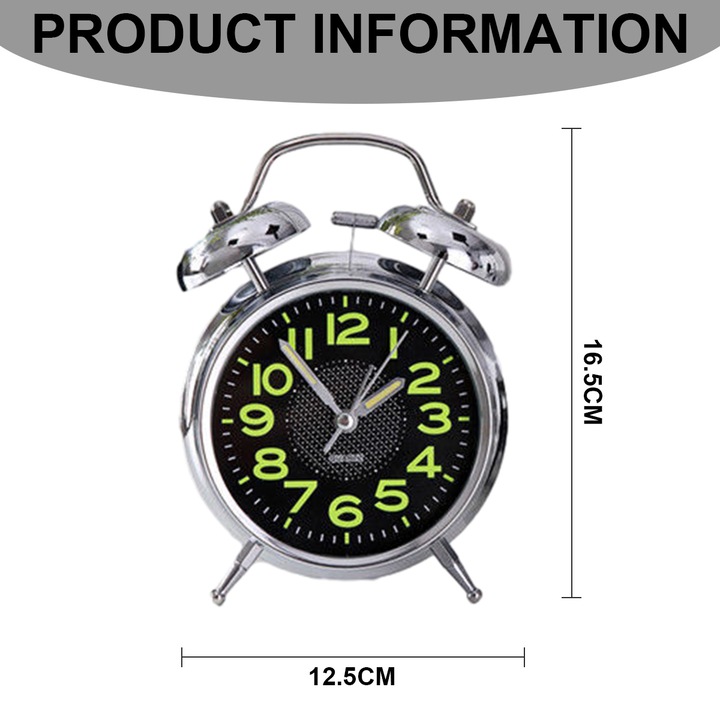 Fluoreszkáló számos fém ébresztőóra dupla csengővel és csendes szerkezettel 13 cm Metroman