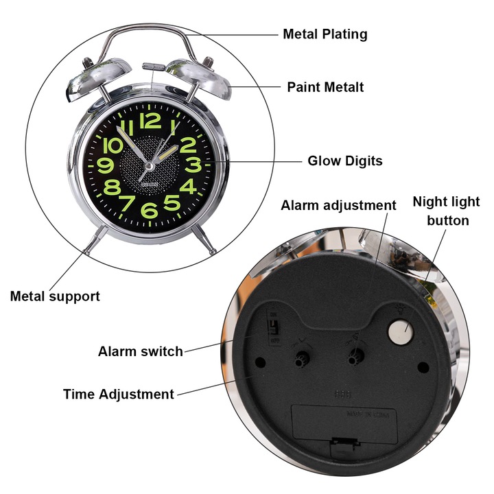 Fluoreszkáló számos fém ébresztőóra dupla csengővel és csendes szerkezettel 13 cm Metroman